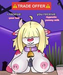 anthro areola bell bell_collar blonde_hair bodily_fluids breasts collar cowbell female hair horn hypnosis lactating looking_at_viewer looking_pleasured milk mind_control nipples pink_areola pink_nipples smile solo text anykoe trade_offer ipnosa_(dial_liyon) bovid bovine demon mammal meme signature