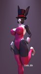 anthro big_breasts black_body black_fur bow_tie breasts butt claws clothed clothing female finger_claws footwear fur hat headgear headwear high_heels huge_breasts legwear leotard looking_at_viewer magician open_mouth pantyhose pink_clothing pink_legwear pink_leotard playboy_bunny shoes simple_background smile solo stockings tail teeth text thick_thighs thigh_highs top_hat topwear white_body white_fur yellow_eyes zeke_dile petruz_(modeler) rabbit_(petruz) lagomorph leporid mammal rabbit 3d_(artwork) 4k 9:16 absurd_res digital_media_(artwork) hi_res source_filmmaker_(artwork)