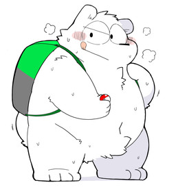 anthro backpack belly biped black_nose blush bodily_fluids fur kemono overweight pokeball simple_background solo sweat tongue tongue_out white_body white_fur gayousi7 nintendo pokemon bear mammal 2022 hi_res