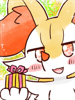 ambiguous_anthro ambiguous_gender anthro biped blush blush_stickers bow_ribbon cute_fangs fangs front_view gift holding_gift holding_object looking_at_viewer no_pupils open_mouth open_smile outline smile snout solo sparkles teeth annyui0611 nintendo pokemon braixen canid generation_6_pokemon mammal pokemon_(species) 2023 digital_drawing_(artwork) digital_media_(artwork) headshot_portrait hi_res japanese_description portrait translated_description