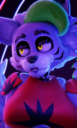 anthro big_breasts black_nose breasts claws clothing collar female glistening glistening_body glistening_nose glowing glowing_eyes green_claws hair half-closed_eyes lips long_hair machine narrowed_eyes neon_lights on_model purple_lips red_clothing red_shirt red_topwear shirt shoulder_pads solo spiked_collar spikes tail topwear yellow_eyes vincead jizzyfox_(modeler) five_nights_at_freddy's five_nights_at_freddy's:_security_breach scottgames steel_wool_studios roxanne_wolf animatronic canid canine canis mammal robot robot_anthro wolf 2025 3d_(artwork) bust_portrait digital_media_(artwork) hi_res portrait