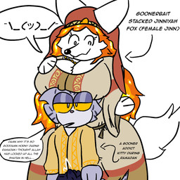 anthro big_breasts bodily_fluids boob_hat breasts bulge clothing detailed_bulge dress duo erection erection_under_clothing female fire flaming_hair fur genital_fluids genital_outline gesture hair hand_on_breast humor jewelry long_hair male male/female mischievous_smile necklace penis_outline precum precum_through_clothing pseudo_hair religion sarong satire shirt shitpost shrug text topwear veil wet wet_clothing white_body white_fur yellow_clothing yellow_shirt yellow_topwear just172ordinary islam islamic_mythology middle_eastern_mythology mythology bizz_tidiyya unnamed_character canid canine domestic_cat egyptian_mau felid feline felis fox genie jinn mammal mythological_creature taur 1:1 english_text hi_res meme