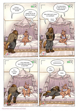 4_toes 5_fingers 5_toes ankle_band anthro barefoot battery_life bed bedroom black_nose black_pawpads blush blush_lines bodily_fluids bottomless bottomless_anthro bottomless_female breasts brown_body brown_fur butt camera_view claws clothed clothed_anthro clothed_female clothed_male clothing dialogue digitigrade duo eyelashes feet female fingering fingering_self fingers fur furniture genitals hair humanoid_genitalia humanoid_hands humanoid_vulva male male/female masturbation on_bed pawpads paws perineum piercing pink_hair plantigrade shirt sitting sitting_on_bed speech_bubble standing tan_body tan_fur text toe_claws toes topwear tuft vaginal vaginal_fingering vaginal_masturbation vulva kantachibli eva_(kantachibli) hakan_(kantachibli) gulonine lagomorph leporid mammal mustelid musteline rabbit wolverine comic digital_media_(artwork) english_text hi_res url