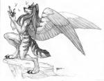 anthro biped feathered_wings feathers female hair insect_wings long_hair looking_up rock smile solo standing wings simul tala_(suntattoowolf) ambient_arthropod ambient_butterfly ambient_insect arthropod butterfly canid canine canis insect lepidopteran mammal wolf 2014 artist_collaboration monochrome traditional_media_(artwork)