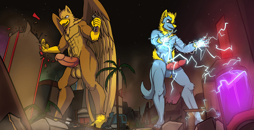 5_fingers abs anthro anthrofied balls beak biceps biped blue_body blue_fur brown_body brown_fur building building_destruction city city_background city_crushing city_destruction cityscape claws destruction duo electricity erection feathered_wings feathers feet finger_claws fingers fur genitals humanoid_genitalia humanoid_penis landscape_dwarfing macro macro_anthro male muscular muscular_anthro muscular_male nude outside paws pecs penile penis rampage sky smile tail toe_claws toes vehicle vehicle_destruction wings arrwulf mythology nintendo pokemon carpo dialuca01 avian generation_3_pokemon gryphon mammal manectric mythological_avian mythological_creature pokemon_(species) hi_res