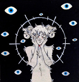 abstract_background ambiguous_gender anthro black_background blood bodily_fluids bovid_horn caprine_horn cheek_tuft despair facial_tuft fur horn male ram_horn simple_background solo tuft white_body white_fur robbiepanda bovid caprine mammal sheep traditional_media_(artwork)