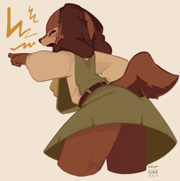 anthro brown_body brown_fur brown_tail clothed clothed_anthro clothed_female clothing female fully_clothed fully_clothed_anthro fully_clothed_female fur gesture hand_gesture pointing simple_background solo tail tan_background conditional_dnp tohupo patty_(tohupo) canid canine canis domestic_dog mammal 2025 digital_drawing_(artwork) digital_media_(artwork) hi_res