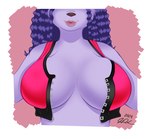 anthro big_breasts bra breasts cleavage close-up clothed clothing female fur hair huge_breasts lips pose pouty_lip purple_body purple_fur purple_hair solo underwear wardrobe_malfunction peterandwhitney whitney_(pnc) felid feline mammal pinup