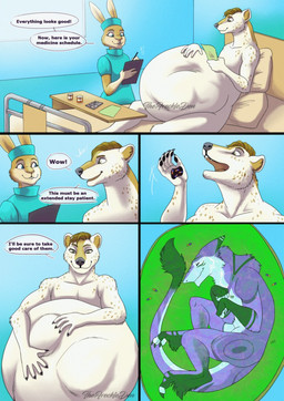 abdominal_bulge anthro anthro_pred anthro_prey bed belly big_belly black_body black_fur black_pawpads blue_eyes brown_body brown_fur brown_hair buckteeth claws clipboard clothing dialogue dipstick_ears drugs ear_markings eyebrows eyes_closed female finger_claws fur furniture gloves_(marking) group hair hand_on_belly hand_on_own_belly headgear headwear healing_vore holding_clipboard holding_object holding_pen hospital hospital_bed hospital_room huge_belly inside_stomach internal long_ears looking_at_another looking_down looking_down_at_self lying lying_on_bed male male_pred male_prey markings multicolored_ears nurse nurse_clothing nurse_headwear on_back on_bed open_mouth oral_vore pawpads pen pill_bottle pillow pills purple_body purple_fur raised_eyebrows safe_vore smile speech_bubble spots spotted_body spotted_fur talking_to_another tan_body tan_fur teeth text toe_claws trio vore white_body white_fur yellow_eyes thefreckleden pencer_pine_(pencer) lagomorph leporid mammal mustelid musteline rabbit sergal true_musteline weasel artist_name comic english_text hi_res