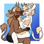 anthro biped black_nose blue_background border breasts brown_body brown_fur duo female fur kissing male pink_nose simple_background smile tail tail_tuft tuft white_body white_border white_fur goldiescales anthony_(goldiescales) bovid bovine cattle highland_cattle mammal 2019 digital_drawing_(artwork) digital_media_(artwork) hi_res trans_(lore) trans_man_(lore)