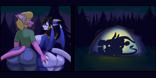 anthro balls big_balls big_breasts big_butt black_hair blonde_hair blue_border border bottomwear breasts butt butt_grab camping_tent clothing denim denim_bottomwear denim_clothing duo female forest forest_background genitals hair hand_on_butt horn huge_breasts huge_butt jeans leotard male male/female nature nature_background pants plant sex shadow_sex shirt silhouette silhouetted_sex tail tent thick_thighs topwear tree two_panel_image wings kaboozle mythology swissy terru dragon mythological_creature mythological_scalie scalie absurd_res comic hi_res