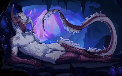 anthro claws detailed_background feet finger_claws fingers fur hair horn lying male navel nude nude_anthro nude_male on_back purple_body purple_scales scales solo tail toe_claws toes toony white_body white_fur white_hair white_tail silgiriya_mantsugosi fallout microsoft nintendo pokemon absol deathclaw generation_3_pokemon hybrid pokemon_(species) scalie 2025 detailed digital_media_(artwork) hi_res