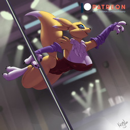 4_fingers anthro armwear big_breasts black_sclera blue_eyes breasts bridal_gauntlets claws clothed clothing dancing dipstick_ears dipstick_tail ear_markings eyelashes facial_markings feet female finger_claws fingers head_markings inside leotard markings multicolored_ears neck_tuft open_mouth open_smile patreon_logo pole pole_dancing smile solo tail tail_markings text toe_claws toes tuft kevinsano bandai_namco digimon patreon canid digimon_(species) mammal renamon 1:1 2023 artist_name digital_media_(artwork) signature url