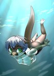 2023 absurd_res anthro big_breasts bottomless breasts butt clothed clothing female fully_submerged gashiboka green_eyes hi_res looking_at_viewer mammal mustelid otter shirt solo swimming tail topwear underwater water wet wet_clothing wet_shirt wet_topwear