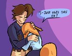 anthro bodily_fluids brown_hair clothed clothing crying dialogue duo ears_down eyes_closed female fur hair head_on_chest hug male orange_body orange_fur pivoted_ears speech_bubble tail tears text biscotti5000 ash_(biscotti5000) mach_(biscotti5000) canid canine fox human mammal english_text hi_res