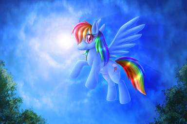 blue_body blue_feathers blue_fur cloud cutie_mark detailed_background feathered_wings feathers female feral fur hair lens_flare multicolored_hair multicolored_tail outside pink_eyes plant rainbow_hair rainbow_tail sky solo sun tail toony tree wings wood mylafox friendship_is_magic hasbro my_little_pony mythology rainbow_dash_(mlp) equid equine mammal mythological_creature mythological_equine pegasus detailed