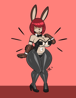 after_transformation alternate_species anthro big_breasts black_clothing black_footwear black_high_heels black_latex black_leggings black_legwear bow_tie breasts brown_body brown_fur bunny_costume clothed clothed_anthro clothed_female clothing costume female footwear fur hair hair_over_eyes high_heels latex latex_clothing latex_leggings latex_legwear latex_leotard leggings legwear leotard red_hair shoes shortstack solo tail translucent translucent_elbow_gloves translucent_latex wide_hips lettuce_(artist) erita_(feyro) lagomorph leporid mammal rabbit 2026 absurd_res hi_res