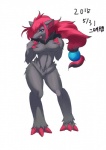 accessory anthro anthrofied big_breasts biped blue_eyes breasts claws collarbone digitigrade featureless_breasts featureless_crotch female hair hair_accessory holding_breast naturally_censored navel nude paws pokemorph red_hair simple_background solo standing text tongue tongue_out ni_jikan nintendo pokemon canid canine generation_5_pokemon mammal pokemon_(species) zoroark 2015 japanese_text translation_check translation_request