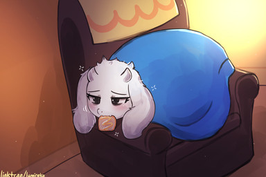 2_horns anthro bedding biped black_eyes blanket blush bread bubble clothed clothing detailed_background drunk drunk_bubble female floppy_ears fluffy food food_in_mouth fur furniture honey_(food) horn hungover lying on_front snout sofa solo substance_intoxication three-quarter_view toast toast_in_mouth under_covers white_body white_fur white_horn lumineko deltarune undertale_(series) toriel boss_monster_(undertale) bovid caprine goat mammal 2026 3:2 digital_drawing_(artwork) digital_media_(artwork) english_description signature