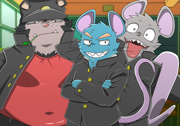 anthro belly blue_body classroom clothing cute_fangs detailed_background fangs grey_body group hat headgear headwear kemono male navel overweight overweight_male school shirt smile teeth topwear letter_route mammal mouse murid murine rodent 2025 hi_res