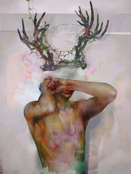 antlers christmas_decorations christmas_lights clothed clothing eyeless horn male not_furry nude solo string_lights topless idwttwy human mammal digital_media_(artwork) digital_painting_(artwork) half-length_portrait painting_(artwork) portrait