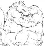 anthro barazoku belly big_belly blush duo frottage implied_frottage kemono looking_at_another male male/male muscular obese overweight penile sex simple_background sitting tongue tongue_out white_background kotobuki bear canid canine canis mammal wolf 2016 black_and_white hi_res monochrome sketch