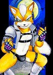 anthro boots bulge clothed clothing fingerless_gloves footwear fur gloves green_eyes handwear harness jacket male navel orange_body orange_fur shoes skimpy solo thong topwear underwear ulala_ko nintendo star_fox fox_mccloud canid canine fox mammal hi_res