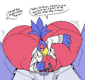 annoyed anthro arwing beak belly big_butt blue_body blue_feathers bottom_heavy butt clothing dialogue feathers full_body_suit huge_butt huge_hips hyper hyper_butt hyper_hips jacket joystick male overweight overweight_male red_clothing solo spacecraft struggling struggling_to_fit stuck tail tail_feathers text topwear vehicle white_clothing white_jacket white_topwear wide_hips yellow_beak boot_(artist) nintendo star_fox falco_lombardi avian bird 2019 english_text