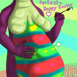 abdominal_bulge ambiguous_gender anthro apode belly belly_overhang bodypaint breasts brush duo easter_egg exposed_breasts female green_body hand_on_belly holidays hug intersex intersex/male legless male male/female nude paintbrush purple_body serpentine soft_vore solo vore vore_implied jasper_gale easter stormrise draconcopode humanoid hybrid naga reptile scalie snake 1:1 2026 hi_res