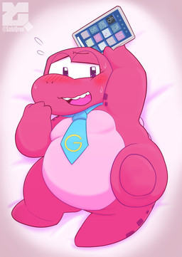 accessory anthro belly blush male necktie overweight pink_body pink_scales scales smile solo tablet sahiqron e621 gameoverse glitch_productions gobbles_(gameoverse) dinosaur prehistoric_species reptile scalie absurd_res hi_res