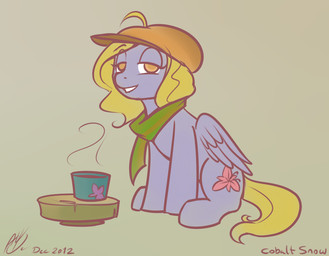 amber_eyes beverage blonde_hair clothing container cup cutie_mark feathered_wings feathers female feral flat_cap food fur grey_body grey_fur hair half-closed_eyes hat headgear headwear looking_at_viewer narrowed_eyes quadruped scarf simple_background sitting smile solo tail tea text wings wood cobalt_snow conditional_dnp hasbro my_little_pony mythology lily_blossom_(mlp) equid equine mammal mythological_creature mythological_equine pegasus 2012 digital_media_(artwork) english_text signature
