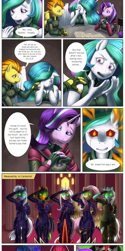 alternate_species angry anthro armor armwear big_breasts black_armwear black_clothing black_elbow_gloves black_gloves black_hair black_handwear black_latex black_legwear black_thigh_highs blood blue_body blue_hair bodily_fluids bodysuit breasts bruised camel_toe clothed clothed_anthro clothed_female clothing crying dialogue drone elbow_gloves ethereal_hair feathered_wings feathers female fingerless_gloves genital_outline gesture gloves glowing glowing_eyes green_eyes green_highlights grey_body group hair handwear highlights_(coloring) horn hypnosis latex latex_armwear latex_bodysuit latex_clothing latex_elbow_gloves latex_gloves latex_handwear latex_legwear latex_skinsuit latex_thigh_highs legwear mind_control multicolored_hair orange_body orange_eyes orange_hair pink_hair purple_body purple_eyes purple_hair red_eyes salute sitting skinsuit speech_bubble tan_body teal_hair tears text thigh_highs tight_clothing torn_clothing two_tone_hair vulva_outline white_body wings yellow_body syberfab friendship_is_magic hasbro my_little_pony mythology fleur_de_lis_(mlp) fluttershy_(mlp) king_sombra_(mlp) lyra_heartstrings_(mlp) princess_celestia_(mlp) princess_luna_(mlp) spitfire_(mlp) starlight_glimmer_(mlp) stormwave_(character) trixie_(mlp) wonderbolts_(mlp) earth_pony equid equine horse mammal mythological_creature mythological_equine pony unicorn winged_unicorn absurd_res comic english_text hi_res