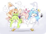 accessory anthro band_accessory bathing bathtub big_breasts blue_body blue_fur blue_hair blush bow_(feature) bow_accessory bow_ribbon breasts bubble censored_nipples centered_hair_bow chibi claw_foot_bathtub convenient_censorship decorated_bow eyes_closed female foam fur green_body green_fur green_hair group hair hair_accessory hair_bow hair_ribbon hairband hanging_breasts humanoid_hands kemono object_on_head open_mouth orange_hair paws pink_body pink_fur pink_hair reaching ribbons shower_head simple_background suds tan_body tan_fur text up_and_over washcloth wet white_body white_fur kame_3 mochi_tap_wonderland akino_(mochi_tap_wonderland) chiharu_(mochi_tap_wonderland) natsune_(mochi_tap_wonderland) touka_(mochi_tap_wonderland) canid canine canis domestic_cat domestic_dog felid feline felis lagomorph leporid mammal rabbit rodent sciurid tree_squirrel 2021 censored hi_res japanese_text