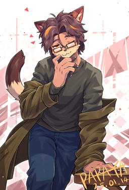 abstract_background anthro brown_hair clothed clothing dipstick_tail eyewear front_view fur glasses hair looking_at_viewer male male_anthro markings one_eye_closed orange_body orange_eyes orange_fur rectangular_glasses solo tail tail_markings tan_body tan_fur papayafurry felid mammal 2025 dated hi_res signature