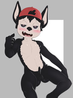 5_fingers anthro backwards_baseball_cap backwards_hat balls baseball_cap black_balls black_body black_eyes black_fur black_nose black_penis blush border clothing erection fangs fingers foreskin front_view fur genitals gesture grey_body grey_border grey_fur grey_inner_ear half-closed_eyes hand_gesture hat hat_only headgear headgear_only headwear headwear_only heart_eyes heart_symbol humanoid_genitalia humanoid_penis male mostly_nude narrowed_eyes open_mouth penis pointing pupils raised_arm red_clothing red_hat red_headwear simple_background sitting small_balls small_penis smile solo teeth white_background young young_anthro jerseydevil cartoon_network summer_camp_island max_(sci) bat mammal 2021 absurd_res hi_res