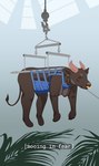 biped breasts brown_body busty_feral caption chain dangling dangling_arms dangling_legs female feral gold_ear_piercing gold_nose_ring harness hook horn leaf nipples solo tail tail_tuft text tuft white_text oystr jurassic_park universal_studios mara_(oystr) bovid bovine cattle mammal hi_res