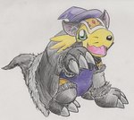 ambiguous_gender anthro cat_costume clothing costume green_eyes hat headgear headwear looking_at_viewer quadruped simple_background solo white_background witch_hat yellow_body tabasukotrr bandai_namco digimon armadillo armadillomon digimon_(species) mammal xenarthran traditional_media_(artwork)