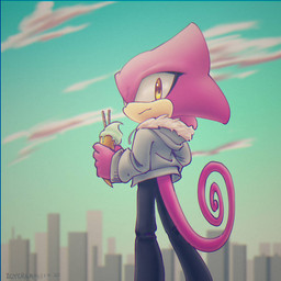 ambiguous_gender anthro bottomwear building city city_background clothed clothing cloud curled_tail dessert detailed_background food glistening glistening_eyes holding_food holding_object hoodie ice_cream pants purple_body sky skyscape skyscraper solo tail tan_muzzle topwear yellow_eyes icycream24 sega sonic_the_hedgehog_(series) espio_the_chameleon chameleon lizard reptile scalie 1:1 shaded signature
