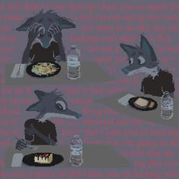 anthro bottle bread cake container dessert food fur grey_body grey_fur male profanity red_text salad solo text vent_art demensa emil_(demensa) canid canine canis coyote domestic_dog hybrid mammal 1:1 2021 digital_media_(artwork) english_text hi_res pixel_(artwork)