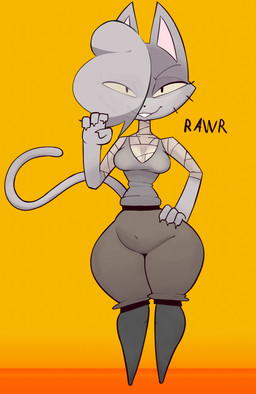 anthro bandage bandaged_arm bandaged_chest belt bottomwear breasts claws clothing eye_through_hair female female_anthro finger_claws fur grey_body grey_fur hair hand_on_hip head_tuft medium_breasts narrowed_eyes navel_outline open_mouth open_smile pants pointy_ears shirt slightly_chubby small_waist smile solo tail tank_top tight_bottomwear tight_clothing tight_pants topwear translucent translucent_hair tuft whiskers wide_hips sysnicat gata_the_future_russian_kitty gata_preobrazhenskaya domestic_cat felid feline felis mammal russian_blue 2026 absurd_res digital_drawing_(artwork) digital_media_(artwork) full-length_portrait hi_res portrait