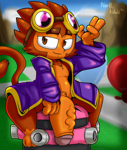 3_toes 4_fingers abstract_background anthro balloon big_penis bloon brown_body brown_fur clothing eyebrows eyewear eyewear_on_head feet fingers flaccid fur genitals goggles goggles_on_head humanoid_genitalia humanoid_penis inflatable looking_at_viewer male penis purple_clothing purple_robe robe sitting smile smiling_at_viewer solo toes topwear vein veiny_penis ner0_kobold bloons_tower_defense ninja_kiwi alchemist_(bloons) haplorhine mammal monkey primate 2022 digital_media_(artwork) hi_res shaded signature
