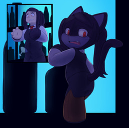 anthro bar blue_body bodily_fluids business_suit clenched_teeth clothing cocktail_glass container cup drinking_glass female glass glass_container glass_cup growth human_to_anthro human_to_inanimate inanimate_transformation looking_back plushie plushie_transformation red_eyes shrinking size_transformation solo species_transformation suit surprised sweat sweatdrop tail tail_growth teeth transformation subakitsu va-11_hall-a julianne_stingray animate_inanimate felid human living_plushie mammal 2021 hi_res