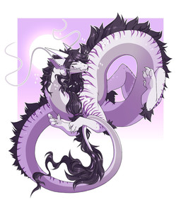 2_horns 4_fingers 4_toes ambiguous_gender barbel_(anatomy) claws eyes_closed fangs feet feral fingers flesh_whiskers floating hair happy horn long_body long_hair long_neck long_tail mane mane_hair markings open_mouth open_smile pawpads paws ponytail purple_markings quadruped simple_background smile solo sparkles tail tail_tuft tapering_tail teeth thick_tail toes tuft white_body wide_crotch sinnple mythology dragon eastern_dragon mythological_creature mythological_scalie scalie hi_res signature