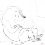 anthro bodily_fluids clothed clothing controller drooling eyes_closed furniture hat headgear headwear lying male partially_clothed remote_control saliva sleeping sofa solo topless boreoboros disney pack_street zootopia t_rex_(weaver) badger mammal mustelid musteline 1:1 greyscale hi_res monochrome