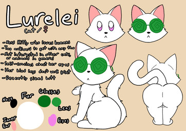 butt eyewear female feral fur genitals glasses green_eyewear green_glasses looking_at_viewer pink_eyes rear_view solo spiral_glasses text toony vulva white_body white_fur plm40 lurelei_(plm40) domestic_cat felid feline felis mammal english_text hi_res model_sheet