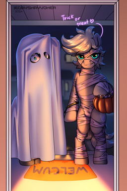 basket bedroom_eyes blue_eyes clothing container costume duo eyebrows feral ghost_costume holidays horn jack-o'-lantern leash looking_at_viewer male mummy_costume mummy_wrappings narrowed_eyes seductive trick-or-treating jedayskayvoker halloween hasbro my_little_pony mythology elppa fan_character kopp earth_pony equid equine horse mammal mythological_creature mythological_equine pony unicorn 2:3 absurd_res hi_res