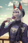 2019 2:3 5_fingers anthro beach beanie belt blue_eyes candy claws clothed clothing cloud colored_nails day detailed_background digital_media_(artwork) domestic_cat eating felid feline felis fingers food grey_nose grey_skin hair hat headgear headwear hi_res inner_ear_fluff licking lollipop long_hair looking_aside male mammal nails open_mouth pawpads pink_pawpads pink_tongue seaside sharp_teeth shirt skull solo standing studded_bracelet suspenders sweater teeth tongue tongue_out topwear white_hair wildering

Rating: Safe
Score: 12
User: Millcore
Date: July 18, 2019