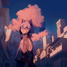 blue_hair city clothed clothing cloud female hair kemono looking_at_viewer perspective sky solo twilight evv_uu brand_new_animal studio_trigger michiru_kagemori animal_humanoid canid canid_humanoid canine canine_humanoid humanoid mammal mammal_humanoid raccoon_dog tanuki_humanoid 1:1 hi_res