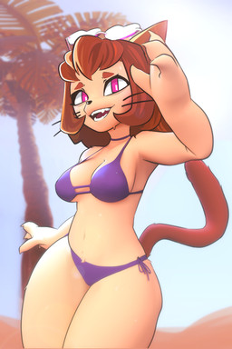anthro awkward awkward_smile big_breasts bikini bikini_bottom bikini_top bodily_fluids breasts claws clothed clothing eyewear eyewear_on_head fangs female gesture pink_eyes smile smiling_at_viewer solo string_bikini sunglasses sunglasses_on_head sweat sweatdrop swimwear tail teeth thick_thighs two-piece_swimsuit waving waving_at_viewer waving_hand wearing_sunglasses wide_hips undead_h34d gameoverse glitch_productions kit_bodega domestic_cat felid feline felis mammal 2:3 3d_(artwork) absurd_res blender_(artwork) blender_cycles_(artwork) digital_media_(artwork) hi_res