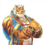 5_fingers abs anthro biceps big_muscles blue_eyes brown_body brown_fur clothed clothing countershading fingers fist_in_palm fur looking_at_viewer male muscular muscular_anthro muscular_male orange_body orange_fur simple_background solo stripes tan_body tan_fur white_background mixvariety nekojishi studio_klondike lin_hu felid mammal pantherine tiger 1:1 half-length_portrait portrait